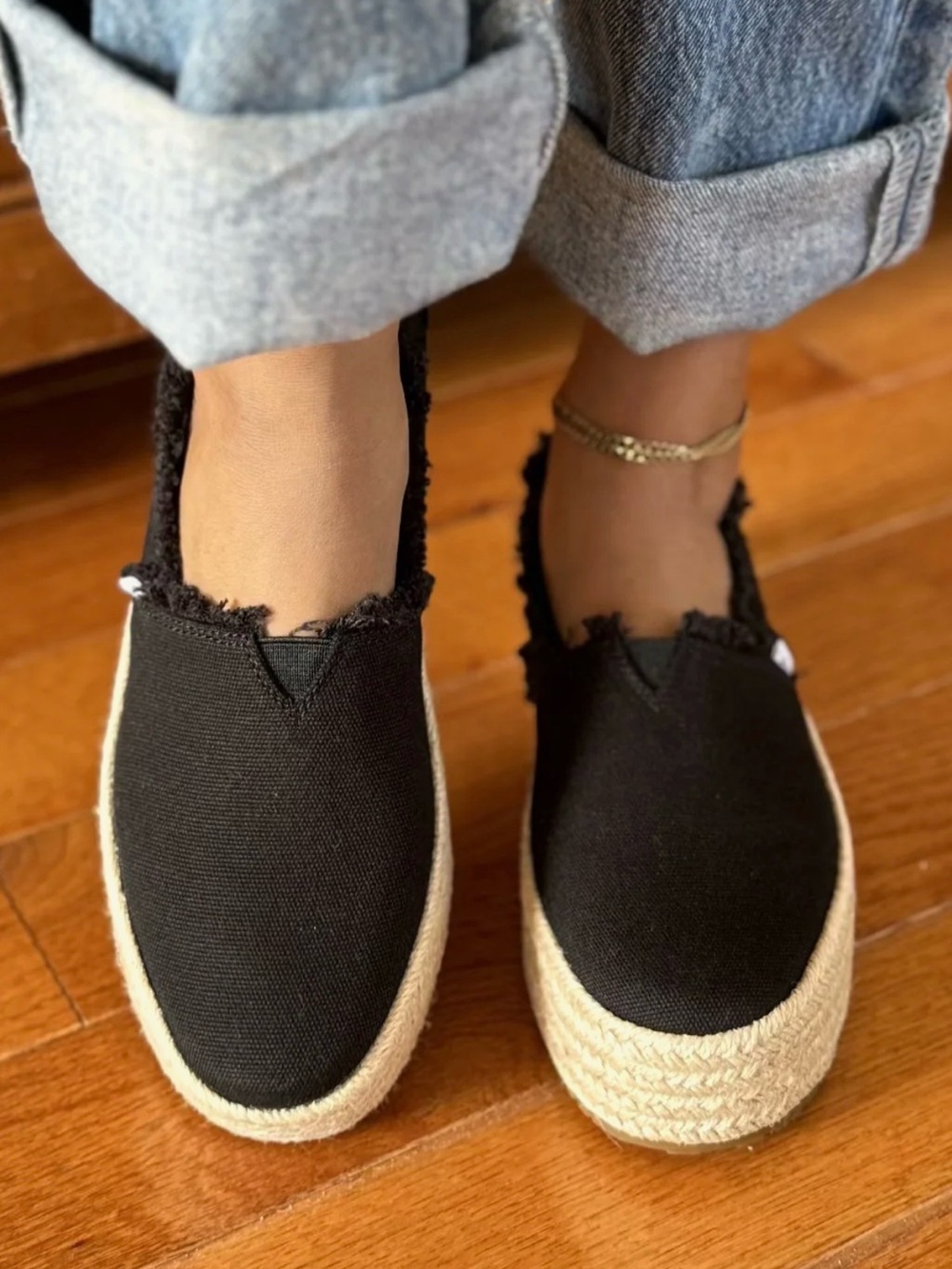 TOMS Valencia Canvas Black Frayed Slip-On Espadrilles